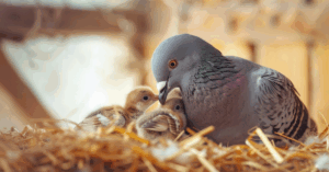 Golubovi roditelji hrane tek izlegle ptiće u gnezdu pomoću gušnog mleka, u toplom i osvetljenom prostoru.