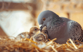 Golubovi roditelji hrane tek izlegle ptiće u gnezdu pomoću gušnog mleka, u toplom i osvetljenom prostoru.