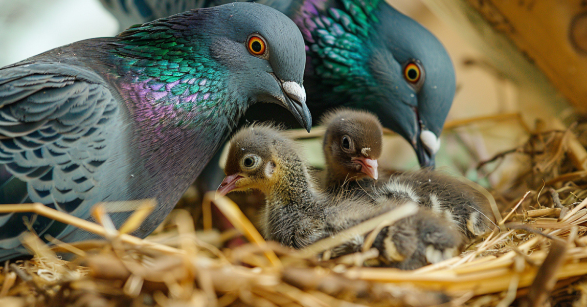Ishrana u prvim danima – uloga roditelja Mladi golubovi po prvi put samostalno kljucaju zrnevlje iz plitke hranilice u svetlom golubarniku.