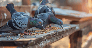 Mladi golubovi po prvi put samostalno kljucaju zrnevlje iz plitke hranilice u svetlom golubarniku.