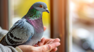 Najčešće bolesti golubova i kako ih prepoznati na vreme Golubar pažljivo pregleda goluba u svetloj volijeri, proveravajući zdravlje i perje.