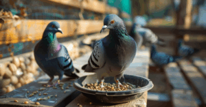 Hranilica sa zrnevljem i posudice sa vitaminskim dodacima pored nje, prikaz pravilne ishrane golubova.