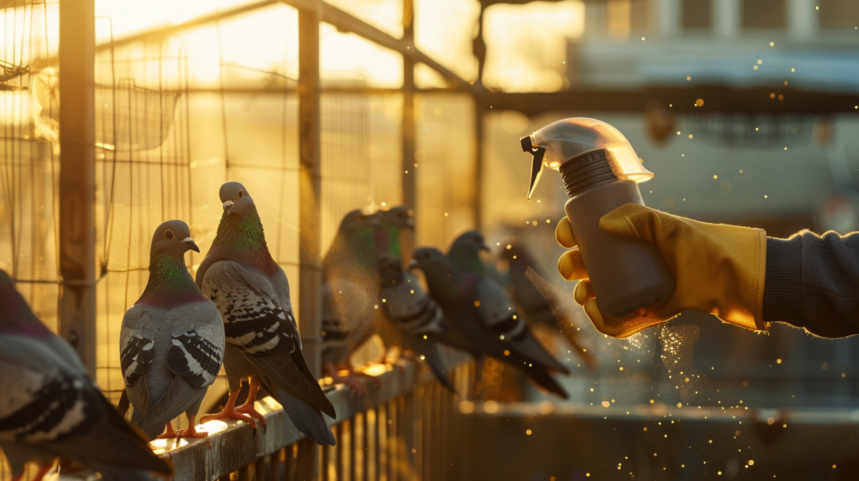 Zarazne bolesti i prevencija Čišćenje i dezinfekcija golubarnika sprejevima dok golubovi mirno sede u pozadini, uz dnevnu svetlost.