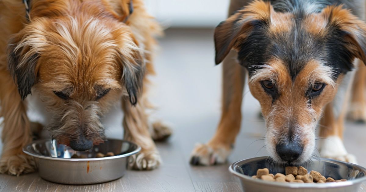 Jedan pas jede iz pune činije dok drugi čeka pored prazne, ilustracija razlike između kontrolisanog i slobodnog hranjenja.