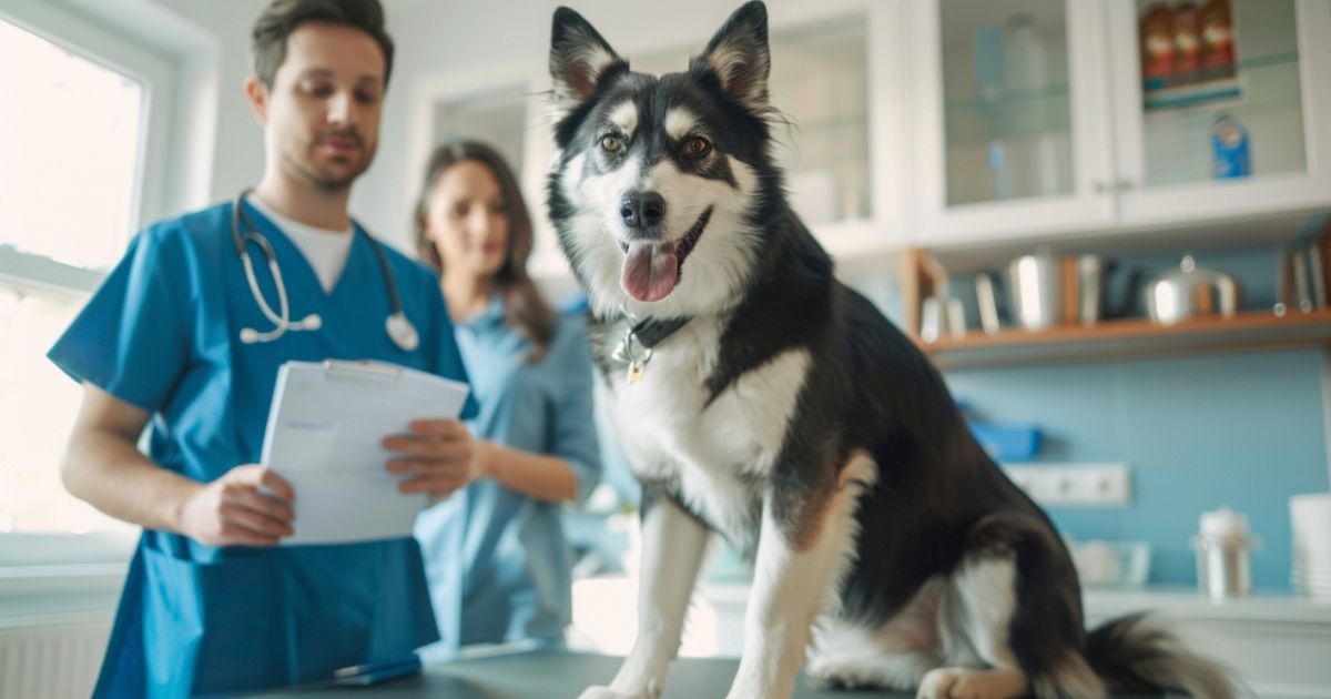 Veterinar razgovara sa vlasnikom psa i zapisuje simptome tokom pregleda, prikaz procesa dijagnostike alergija kod pasa.