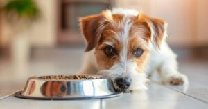 Mali pas jede granule iz male činije u kućnom okruženju, prikaz energetski bogate hrane za male rase pasa.