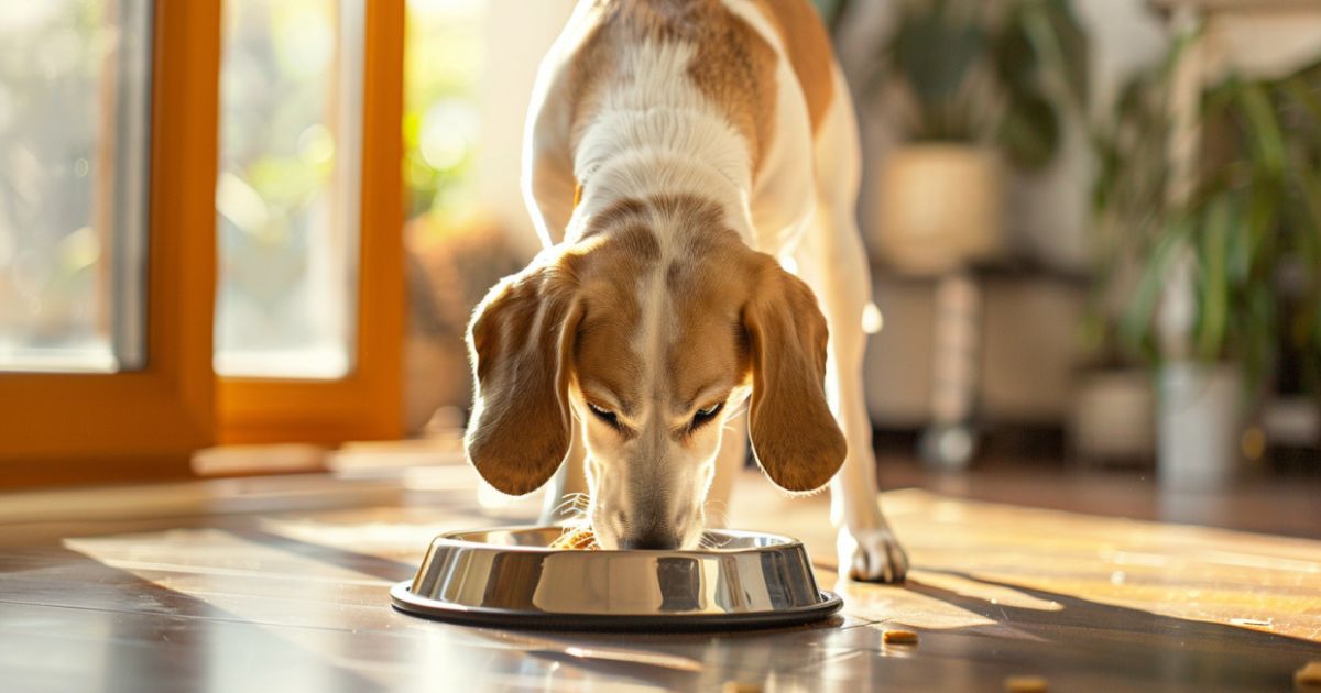 Pas srednje veličine jede iz metalne činije pored prozora, simbol uravnotežene ishrane i održavanja vitalnosti.