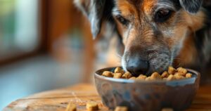 Stariji pas jede kvalitetnu mekanu hranu iz činije u prirodnom, toplom osvetljenju.