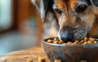 Stariji pas jede kvalitetnu mekanu hranu iz činije u prirodnom, toplom osvetljenju.