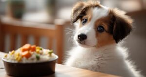 Štene sedi pored činije zdrave hrane za štence i njuši obrok.