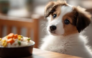 Štene sedi pored činije zdrave hrane za štence i njuši obrok.