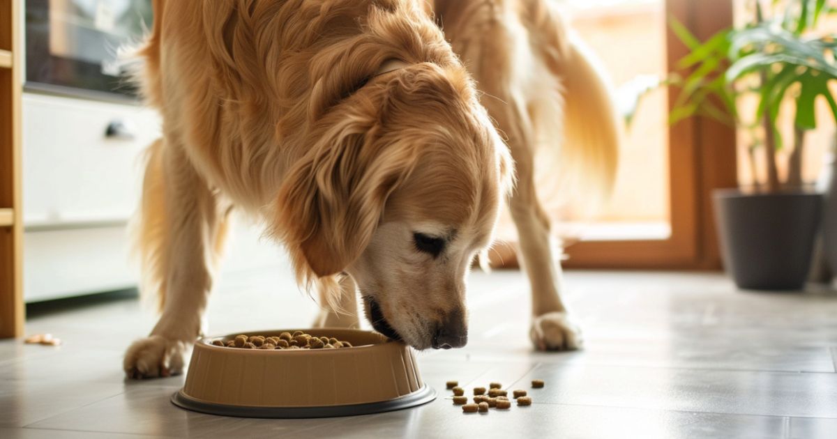 Veliki pas jede iz podignute činije sa većim granulama, prikaz hrane koja podržava zglobove i mišiće kod velikih rasa.