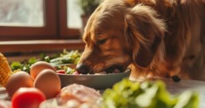 Zdrav pas jede iz činije okružene prirodnim sastojcima poput mesa, povrća i vitaminskih dodataka, prikaz uravnotežene ishrane.