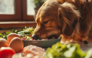 Zdrav pas jede iz činije okružene prirodnim sastojcima poput mesa, povrća i vitaminskih dodataka, prikaz uravnotežene ishrane.