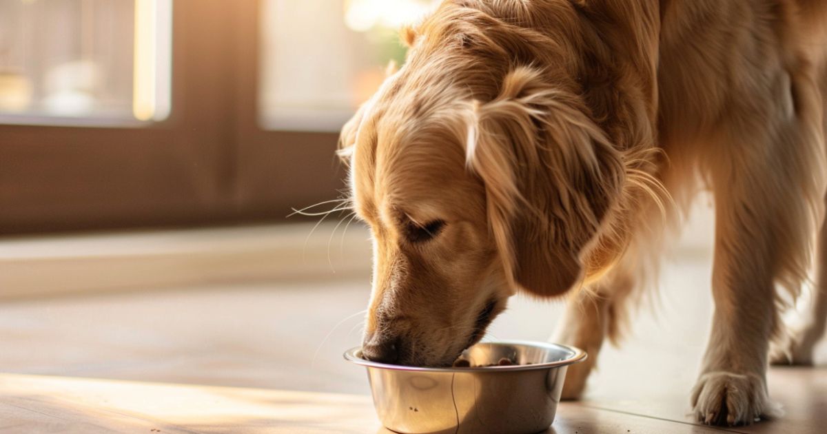 Zdrav odrasli pas jede iz metalne činije pored prozora, prikaz uravnotežene ishrane i svakodnevne rutine.