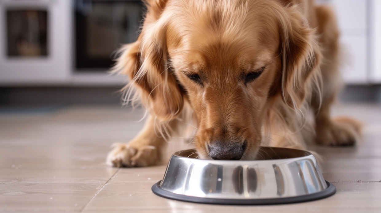 Zdrav odrasli pas jede iz metalne činije u kuhinji, prikaz uravnotežene ishrane i vitalnosti.