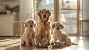 Štene, odrasli pas i stariji pas sede pored činija sa hranom, prikaz pravilne ishrane kroz sve životne faze psa.