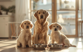 Štene, odrasli pas i stariji pas sede pored činija sa hranom, prikaz pravilne ishrane kroz sve životne faze psa.