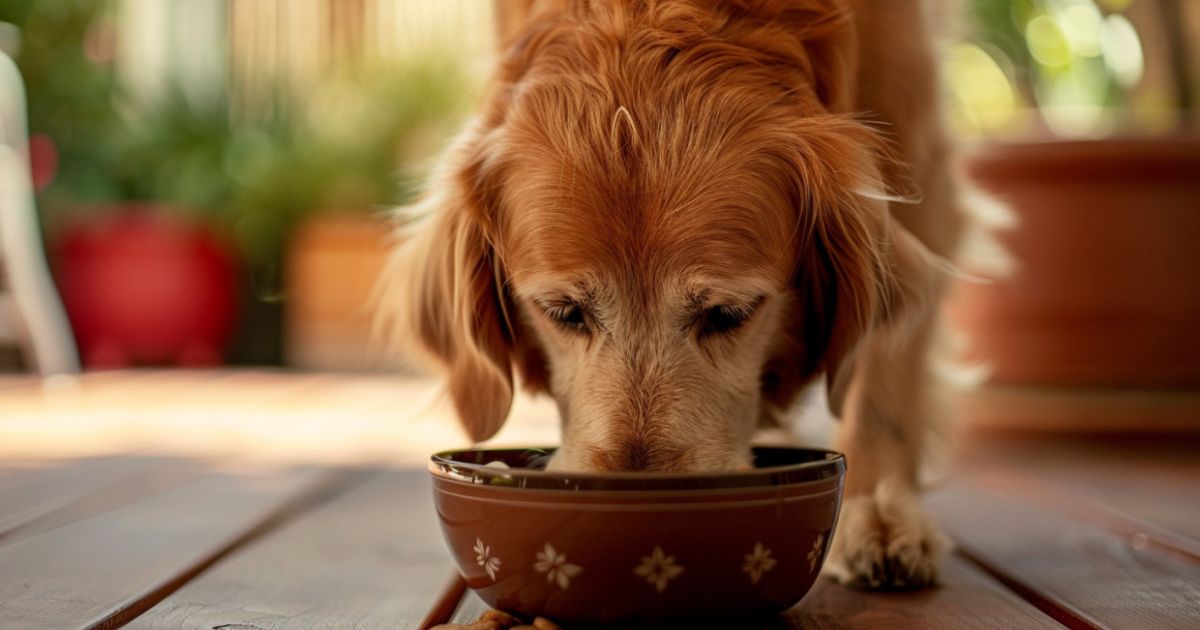 Stariji pas mirno jede mekanu hranu iz činije u toplom okruženju, prikaz pravilne nege i ishrane senior pasa.