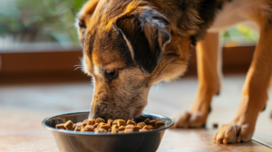 Stariji pas mirno jede mekanu hranu iz činije u toplom domu, prikaz brige i pravilne ishrane senior pasa.