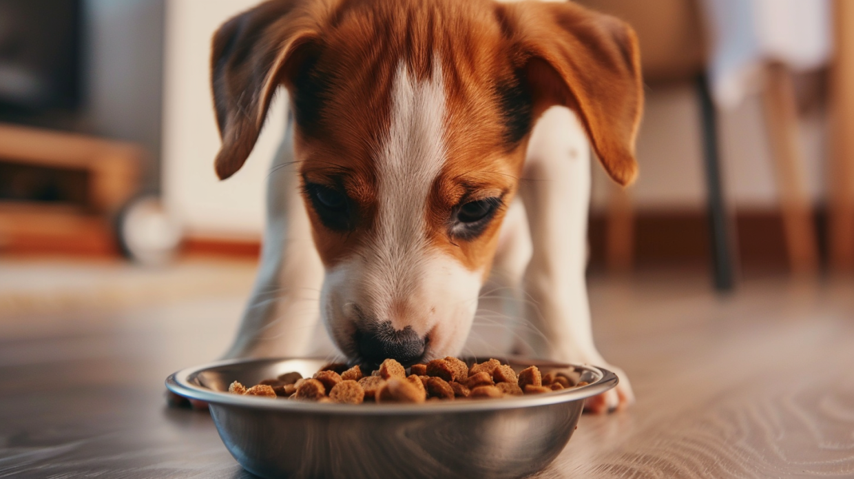 Veselo štene jede granule iz male činije u toplom i osvetljenom prostoru, simbol zdravog rasta i razvoja.