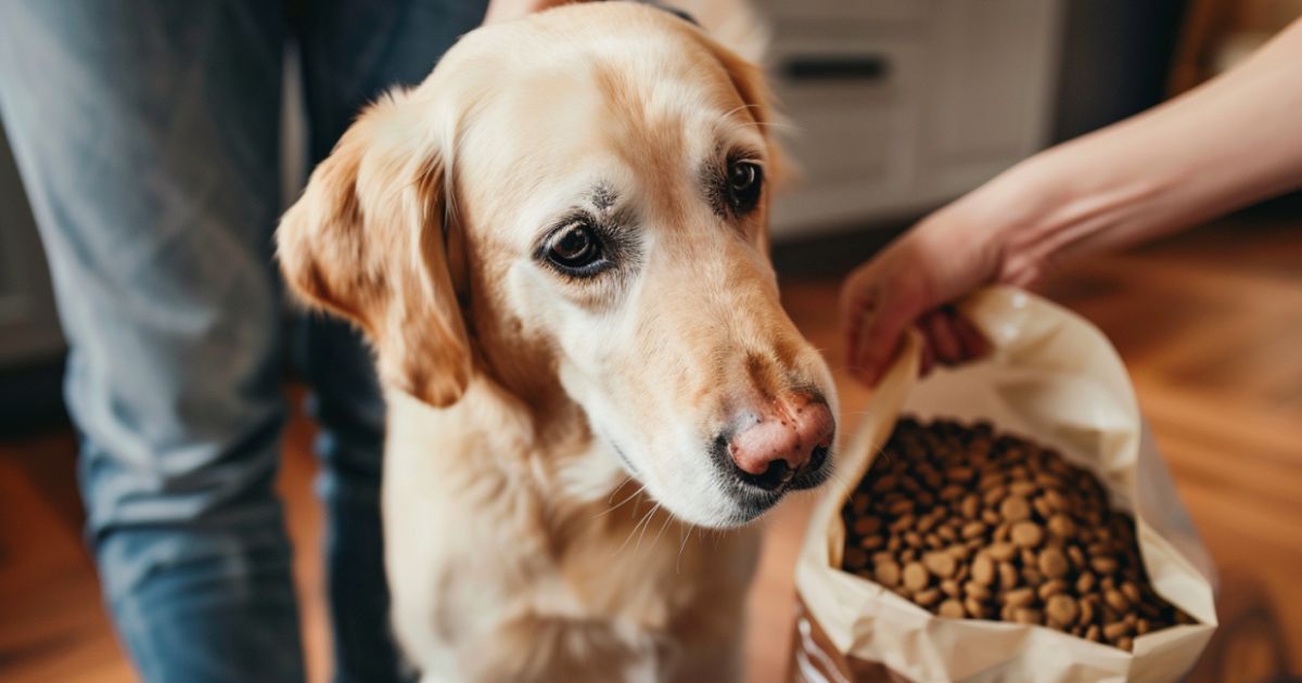 Vlasnik psa čita deklaraciju na kesici hrane u kuhinji, prikaz pažljivog izbora kvalitetne hrane za pse.