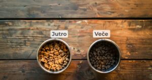 Dve činije sa hranom označene za jutarnji i večernji obrok na drvenom stolu, simbol redovnog rasporeda hranjenja pasa.