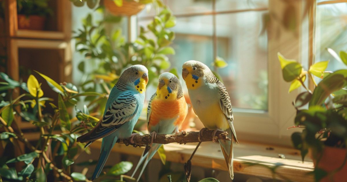 Kako odabrati odgovarajuću vrstu ptice za početnike Tri tigrice sede na grani pored prozora, okružene zelenim biljkama.