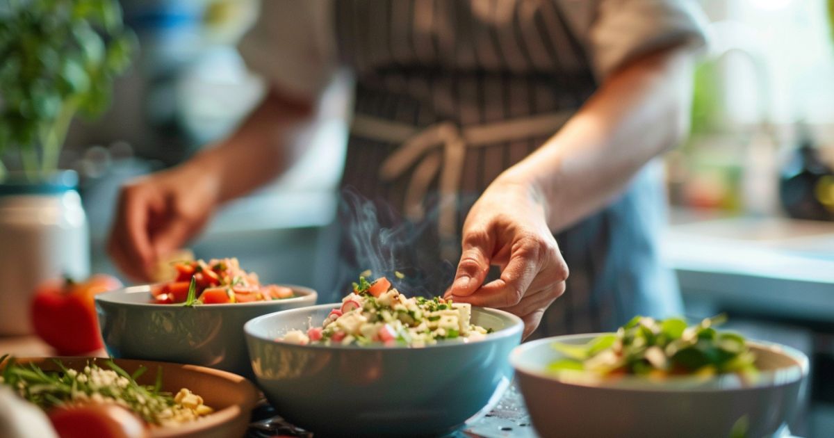 Vlasnik meša kuvanu i sirovu hranu u činijama tokom prelaska na BARF dijetu, prikaz postepenog uvođenja promene ishrane.
