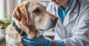 Veterinar pažljivo pregleda kožu i dlaku psa u svetloj ordinaciji, prikaz dijagnostike i brige o zdravlju ljubimca.