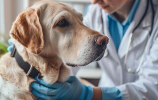 Veterinar pažljivo pregleda kožu i dlaku psa u svetloj ordinaciji, prikaz dijagnostike i brige o zdravlju ljubimca.