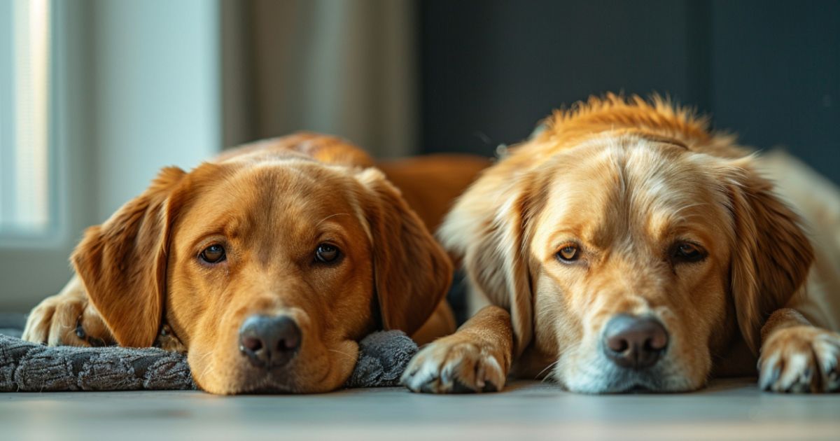 Uporedni prikaz psa sa problemima sa kožom i drugog psa sa probavnim tegobama, ilustracija razlike između alergije i intolerancije.