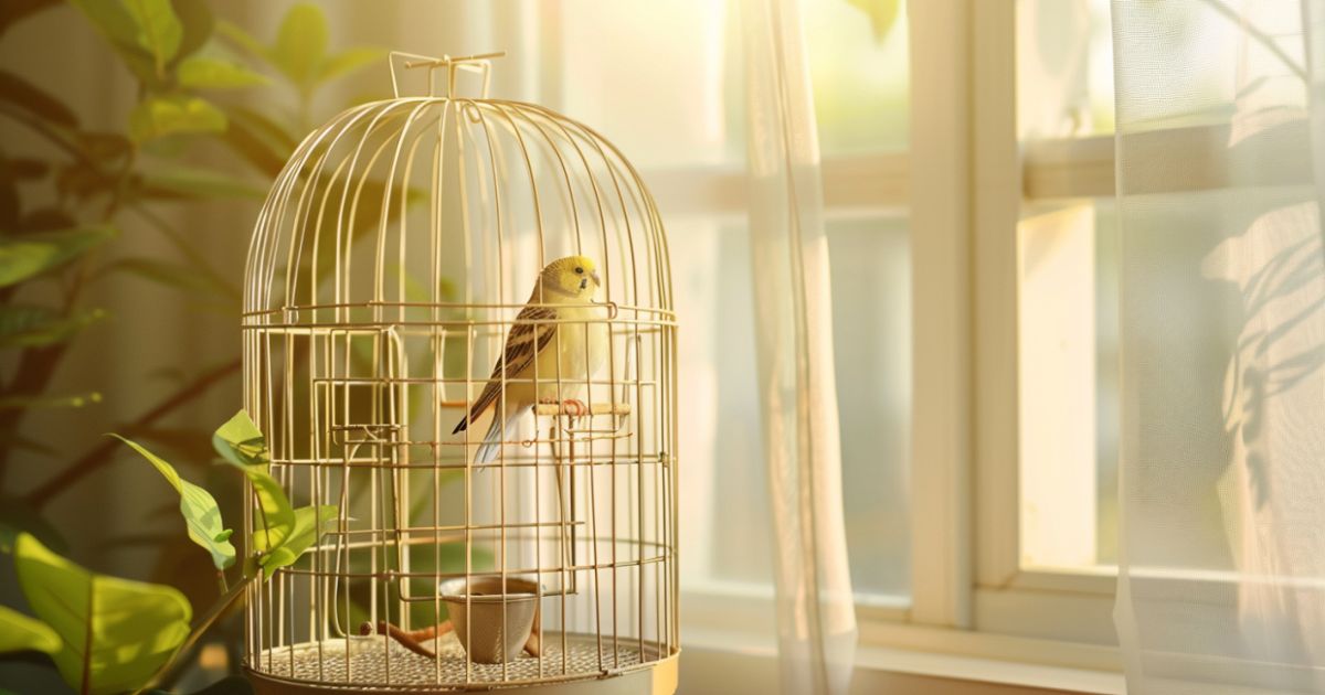 Kavez pravila koja važe za sve ptice Kanarinac u okruglom kavezu pored prozora, u toplom popodnevnom svetlu.