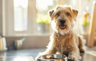 Pas sedi pored činije sa hranom u svetloj kuhinji, prikaz pravilnog rasporeda obroka i dnevne rutine u ishrani.