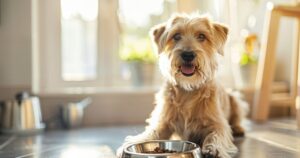 Pas sedi pored činije sa hranom u svetloj kuhinji, prikaz pravilnog rasporeda obroka i dnevne rutine u ishrani.