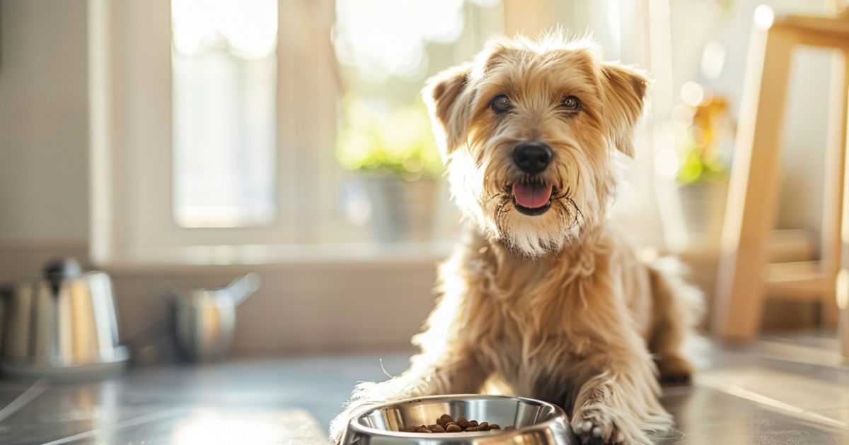 Pas sedi pored činije sa hranom u svetloj kuhinji, prikaz pravilnog rasporeda obroka i dnevne rutine u ishrani.