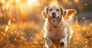 Veseli pas trči kroz sunčanu livadu u prirodi.