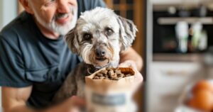 Vlasnik psa čita etiketu na kesici hrane sa nejasnim sastojcima poput „mesnih derivata“, prikaz loše deklaracije.