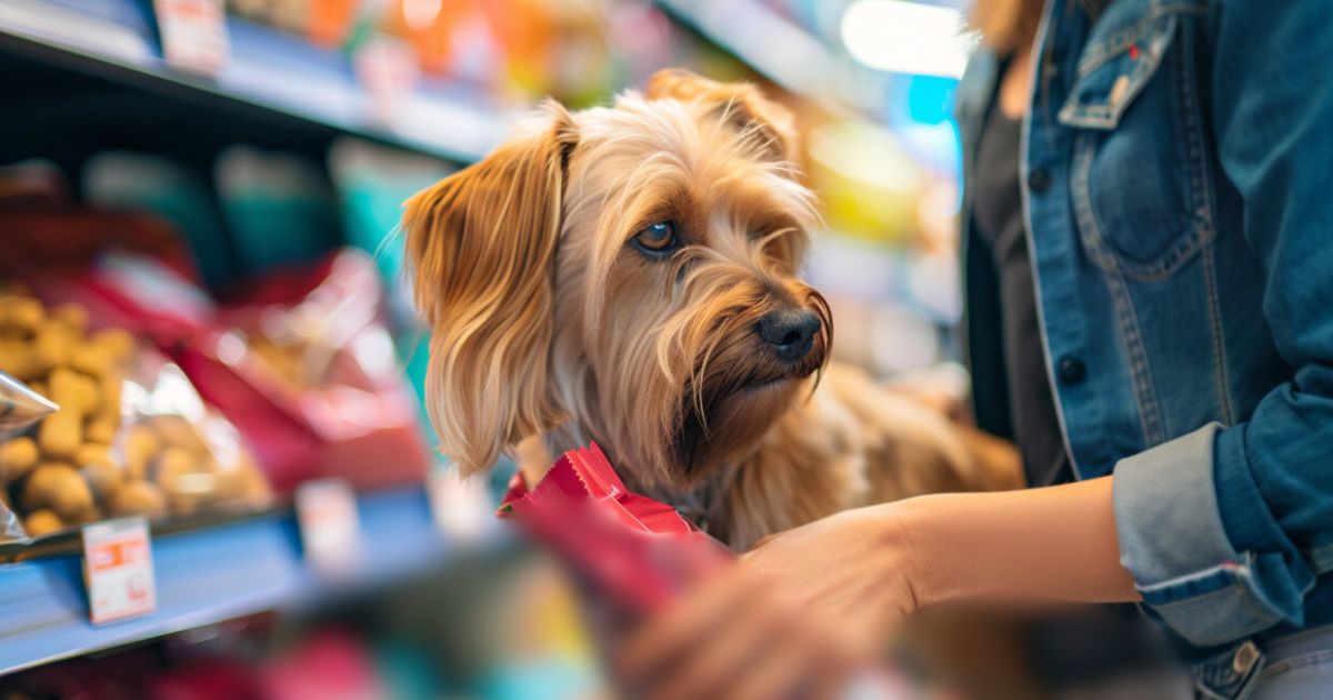 Marketing trikovi koji zamaskiraju lošu hranu Vlasnik drži kesu hrane sa atraktivnim „premium“ dizajnom, ali lošim sastojcima, prikaz marketinških trikova.