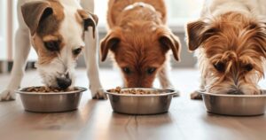 Tri psa različite veličine jedu iz svojih činija, prikaz pravilne ishrane prilagođene rasi i veličini psa.