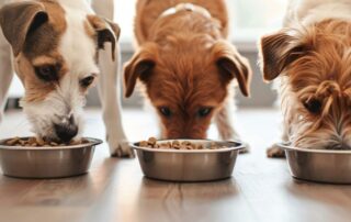 Tri psa različite veličine jedu iz svojih činija, prikaz pravilne ishrane prilagođene rasi i veličini psa.