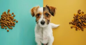 Podeljena scena sa primerom pogrešne ishrane psa hranom za ljude i pravilnim obrokom iz činije, edukativna ilustracija za vlasnike.