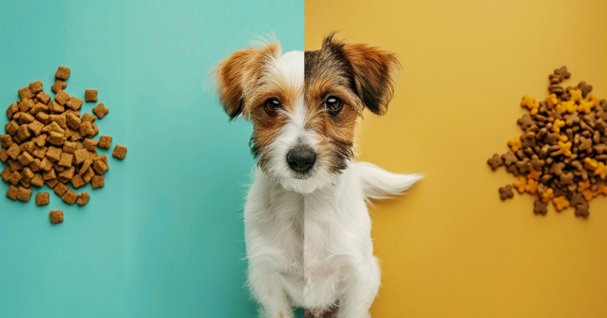 Podeljena scena sa primerom pogrešne ishrane psa hranom za ljude i pravilnim obrokom iz činije, edukativna ilustracija za vlasnike.