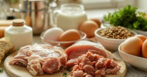 Sastojci hrane poput piletine, govedine, jaja i pšenice raspoređeni na stolu, prikaz najčešćih alergena kod pasa.