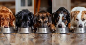 Različite rase pasa, poput labradora, nemačkog ovčara i maltezera, prikazane uz činije sa hranom prilagođenom njihovim potrebama.