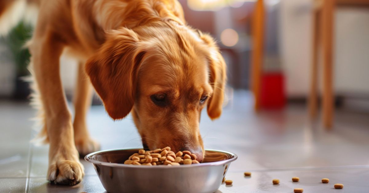 Pas jede iz činije dok pored stoje vitaminski dodaci i posuda sa svežom vodom, prikaz balansirane ishrane i hidratacije.