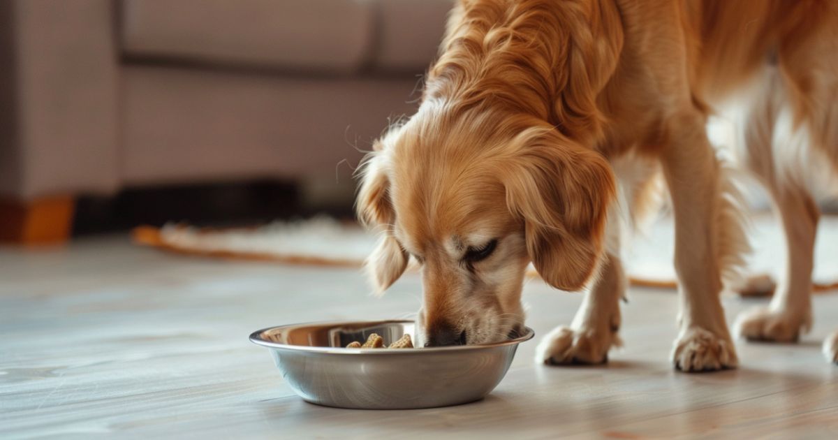 Zdrav pas sa sjajnim krznom jede iz činije sa svežim mesom i povrćem, prikaz vitalnosti i koristi prirodne ishrane.