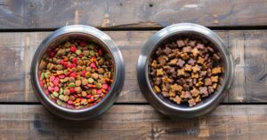 Dve činije hrane — jedna sa kukuruzom i punilima, druga sa mesom i kvalitetnim granulama, vizuelni prikaz lošeg i dobrog sastava.