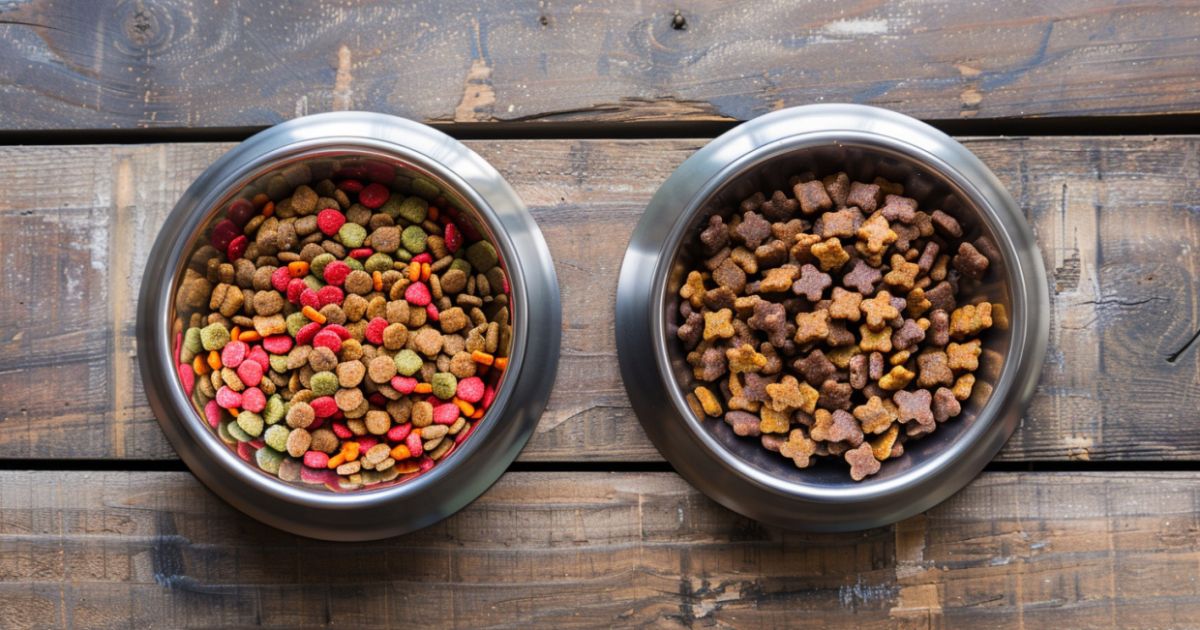 Premalo proteina, previše punila Dve činije hrane — jedna sa kukuruzom i punilima, druga sa mesom i kvalitetnim granulama, vizuelni prikaz lošeg i dobrog sastava.