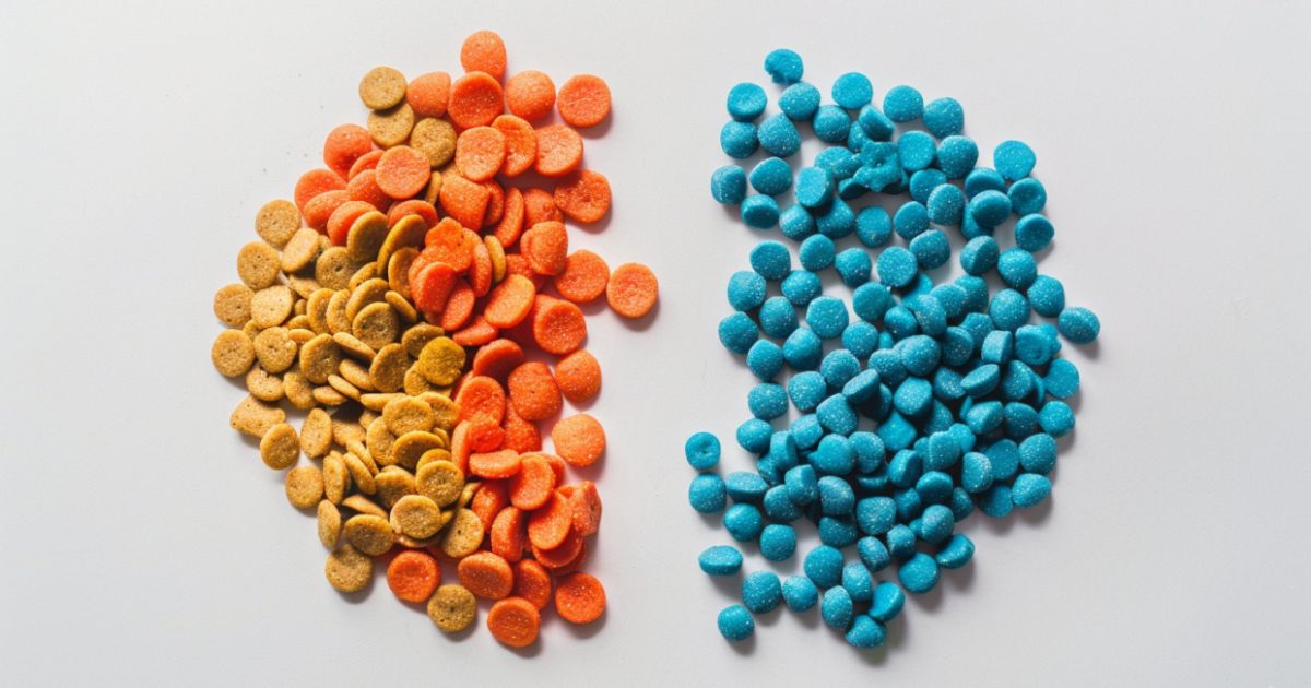 Previše veštačkih boja aroma i konzervansa Šarene granule sa veštačkim bojama pored prirodnih, bezbojnih granula, prikaz štetnih aditiva u hrani.